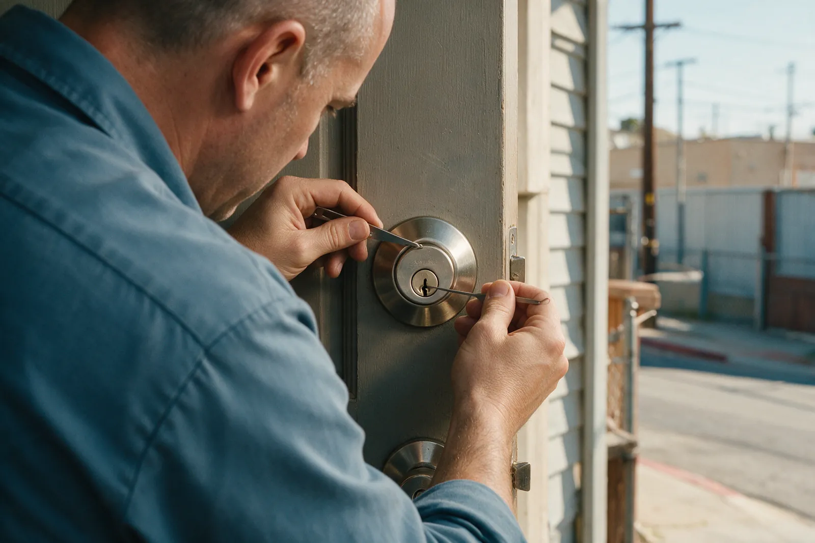 A technician's hands pinning a cylinder on the bench in the open side door of the van