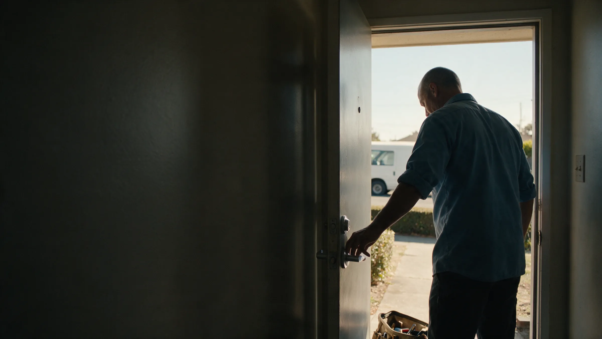 Seen from inside a dark hallway, a locksmith at the open front door of a Hayward house checking the lever lock, tool bag on the step and a white van at the curb in late sun