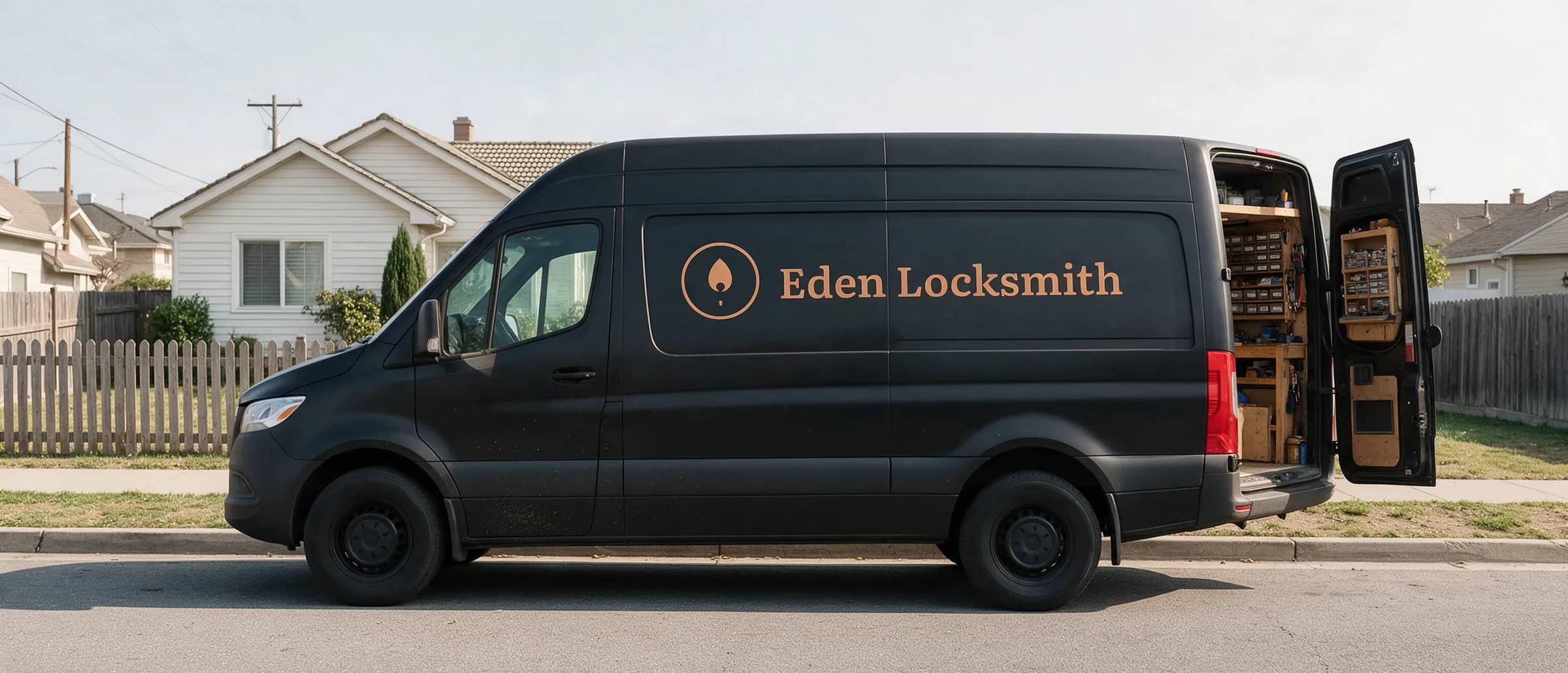 Eden Locksmith van on a Hayward street with the rear doors open