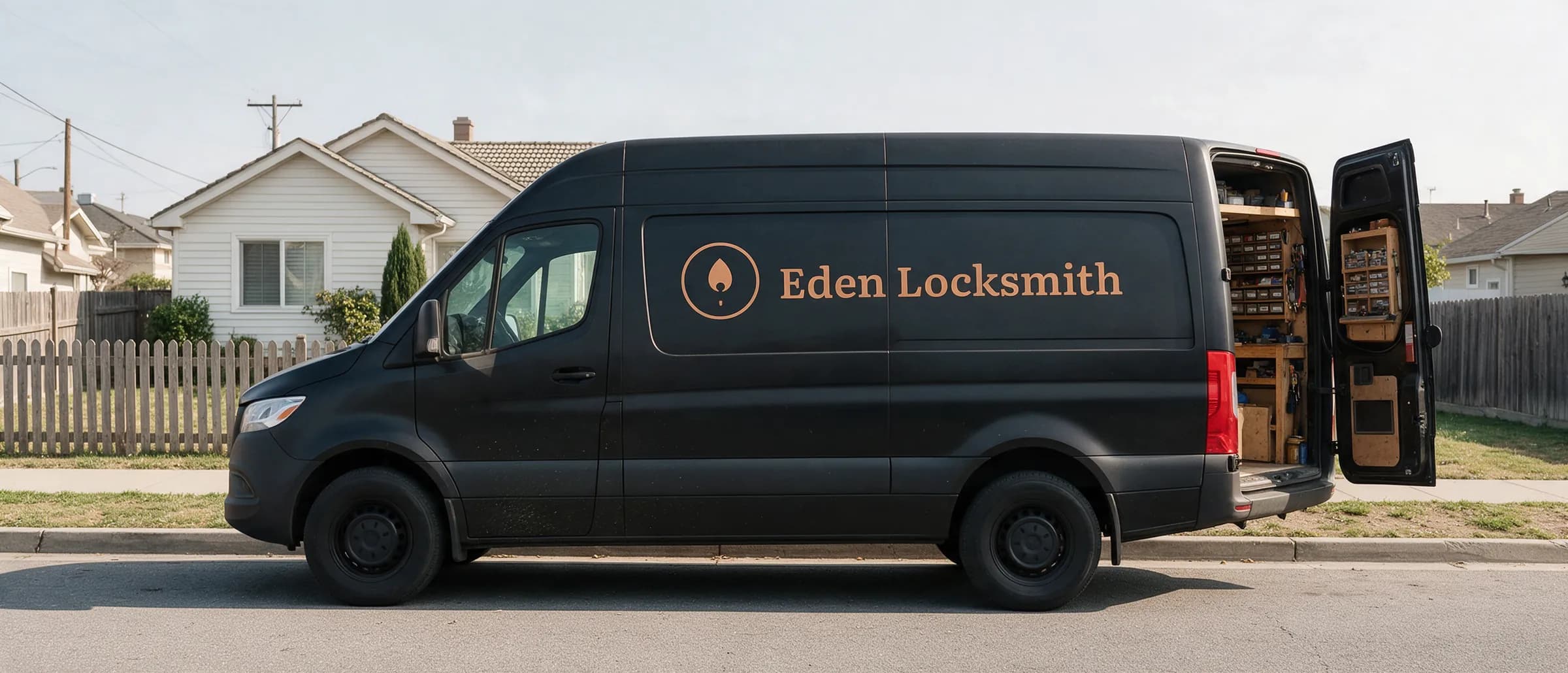 Two Eden Locksmith technicians at the open rear doors of the van, parts drawers along the inside wall, on a bright weekday afternoon on a Hayward street